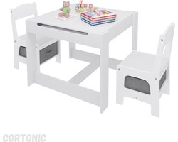 Kindertafel 2 Stoelen - Activiteiten Tafel - Speeltafel voor Kinderen - Kindertafel voor Baby’s & Peuters - Kindereethoek - Kinderbureau - Kindertafel en Stoeltjes - Wit met Grijze Opbergruimte