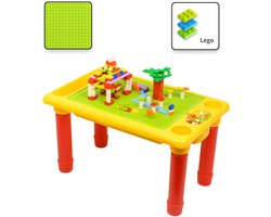 Kindertafel Bouwtafel - Speeltafel met bouwplaat (Voor LegoÂ® blokken) en vlakke kant - 4 Vakken - Met 310 Bouwstenen
