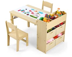 Kindertafel – Creatief Meubel – Speeltafel – Tekentafel – Houten Knutseltafel voor Kinderen – Met Papierrolhouder – Inclusief 2 Stoelen & Opbergruimte - Natuurlijk Hout