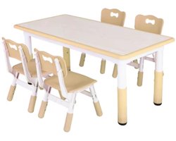 Kindertafel en 4 Stoelenset - Voor Peuters en Kleuters - In Hoogte Verstelbaar - Multifunctioneel voor Studie, Schrijven & Spelen - Duurzaam Kunststof - Geel - 120x60cm