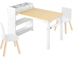 Kindertafel en stoelen met opbergruimte, houten activiteitenbureau voor peuters met kast met 3 planken, speelbureau om te tekenen, schrijven, lezen en leren, inclusief 2 stoelen, wit