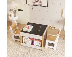 Kindertafel- en stoelen set – 4-in-1 houten activiteitentafel met omkeerbaar blad (krijtbord/whiteboard) – afneembaar tafelblad – 2 stoelen – met opberglade en zijvakken