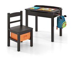 Kindertafel en Stoelenset Opklapbaar Bureau met Stoel Massief Houten Activiteitentafelset met Veiligheidsscharnier Uittrekbare Lade Koffie