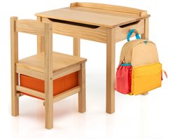 Kindertafel en Stoelenset Opklapbaar Bureau met Stoel Massief Houten Activiteitentafelset met Veiligheidsscharnier Uittrekbare Lade Natuur
