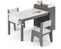 Kindertafel en Stoelenset Tekentafel met 2 Stoelen Papierhouder en Rol 4 Stoffen Bakken Open Planken Activiteitentafel-Grijs