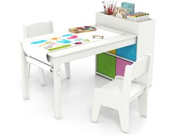 Kindertafel en Stoelenset Tekentafel met 2 Stoelen Papierhouder en Rol 4 Stoffen Bakken Open Planken Activiteitentafel voor de Speelkamer Wit
