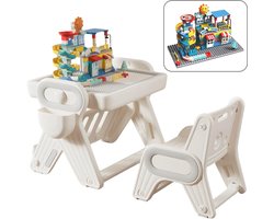Kindertafel Met 1 Stoel + 2 Bakjes + 209 Grote Bouwstenen- 2-in-1 Bouwtafel & Leertafel - Speeltafel Geschikt voor Lego® & Duplo® blokken - Blokken Tafel Kinderen - zandtafel - watertafel - Ideaal Cadeau voor Kerst & Verjaardagen, Wit