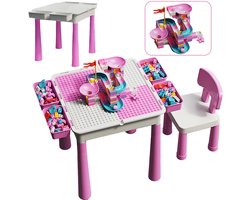 Kindertafel Met 1 Stoel + 4 Bakjes + 410 Bouwstenen - 2-in-1 Bouwtafel & Leertafel - Speeltafel Geschikt voor Lego® & Duplo® blokken - Blokken Tafel Kinderen - zandtafel - watertafel - Ideaal Cadeau voor Kerst & Verjaardagen ‌Roze