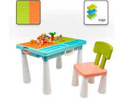Kindertafel met 1 Stoel - Speeltafel met bouwplaat (Voor Lego® blokken) en vlakke kant - 2 Vakken - 515 Bouwstenen