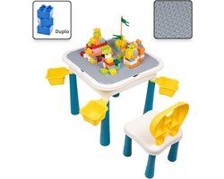 Kindertafel met 1 Stoeltje - Speeltafel met bouwplaat en vlakke kant - 4 Bakjes - Geschikt voor Duplo® Bouwstenen