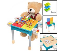 Kindertafel met 1 Stoeltje - Speeltafel met bouwplaat en vlakke kant - 4 Bakjes - Geschikt voor Lego® Bouwstenen