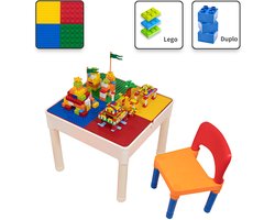 Kindertafel met 1 Stoeltje - Speeltafel met bouwplaat en vlakke kant - Geschikt voor Lego® & Duplo® Bouwstenen