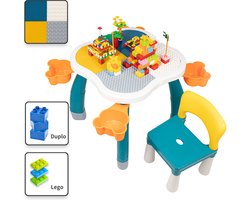 Kindertafel met 1 Stoeltje - Speeltafel met bouwplaat en vlakke kant - Geschikt voor Lego® & Duplo® Bouwstenen