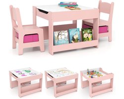 Kindertafel met 2 stoelen – 3-delige houten set met omkeerbaar tafelblad, opbergbakken en boekenplanken, 4-in-1 tekentafel vanaf 3 jaar