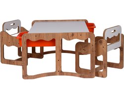 Kindertafel met 2 Stoelen en 2 Oranje Opberglades – MDF Walnoot/Wit – 2-Persoons Speel- & Knutseltafel met Opbergruimte – Voor Kinderen 2-6 Jaar