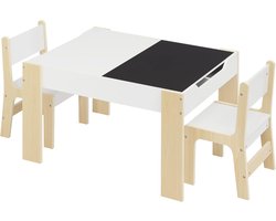 Kindertafel met 2 stoelen – houten tafel met opbergruimte, wit en licht eiken, multifunctioneel kinderset