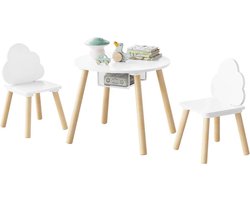 Kindertafel met 2 stoelen – ronde speeltafel met opbergruimte & netvak – kinderzitgroep Montessori stijl – wit/licht eiken