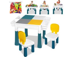 Kindertafel met 2 stoelen, speeltafel met 163 stuks bouwstenen, Dubbelzijdig tafelblad Multifunctionele activiteitentafel met opbergruimte, Bouwtafel met 2 Opbergbakken