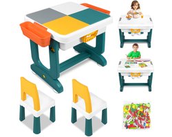 Kindertafel met 2 stoelen, speeltafel met 300 stuks bouwstenen, Dubbelzijdig tafelblad Multifunctionele activiteitentafel met opbergruimte, Bouwtafel met 2 Opbergbakken