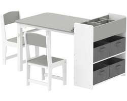 Kindertafel met 2 stoelen - tekentafel en knutseltafel - voorzien van een rolpapierhouder en 4 stoffen dienbladen - tekenbord