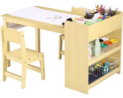 Kindertafel met 2 stoelen - veelzijdig leerset - tekentafel met opbergplank en boekenrek - geschikt voor kinderen 3-5 jaar - Geel