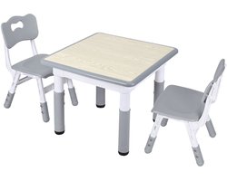 Kindertafel met 2 Stoeltjes 60x60cm hoogteverstelbaar multifunctioneel speel en leertafel met afwasbaar tekenoppervlak in grijze houtstijl
