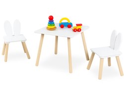 Kindertafel met 2 stoeltjes - konijnenoren - houten poten - wit