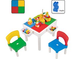Kindertafel met 2 Stoeltjes - Speeltafel met bouwplaat en vlakke kant - 2 Bakjes - Geschikt voor Duplo® Bouwstenen