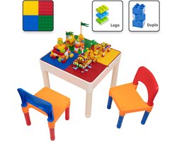 Kindertafel met 2 Stoeltjes - Speeltafel met bouwplaat en vlakke kant - Geschikt voor Lego® & Duplo® Bouwstenen