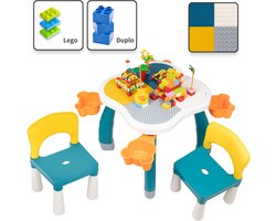 Kindertafel met 2 Stoeltjes - Speeltafel met bouwplaat en vlakke kant - Geschikt voor Lego® & Duplo® Bouwstenen