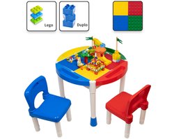 Kindertafel met 2 Stoeltjes - Speeltafel met bouwplaat en vlakke kant - Geschikt voor LegoÂ® & DuploÂ® Bouwstenen
