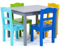 Kindertafel met 4 Stoelen voor Kinderen - Houten Meubilair in Grijs/Blauw/Groen/Geel (66x52x49 cm)
