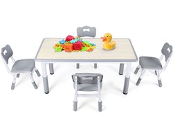 Kindertafel met 4 Stoeltjes 120x60cm hoogteverstelbaar multifunctioneel speel en leertafel met afwasbaar tekenoppervlak in grijze houtstijl