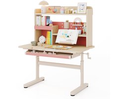 Kindertafel met Rek en Lade in Hoogte Verstelbaar Bureau voor Leerlingen met Kantelbare Tafelblad in Roze