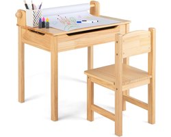 Kindertafel met stoel - Jeugdbureau kinderset - Leren en tekenen - Inklapbaar tafelblad - 60x40x58 cm - Natuur