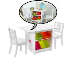 Kindertafel met stoeltjes van hout - 1 kindertafel en 2 stoelen voor kinderen - Zitgroep met veel opbergruimte (Set)