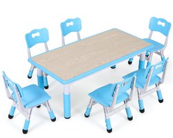 Kindertafel Set – Peuters & Kinderen – Blauw – HDPE & PVC – 120x60x60 cm – Inclusief 6 Stoelen – In Hoogte Verstelbaar – Multifunctioneel – Stevig & Eenvoudig Schoon Te Maken