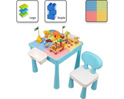 Kindertafel - Speeltafel met 1 Stoel & bouwplaat (Voor Lego® & Duplo® blokken) Bouwtafel - Watertafel - Boekenhouder
