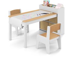 Kindertafel-Tekentafel-Kinder Tafel en Stoelen Set-2 Stoelen-Papierrol en Houder- Opbergvakken- Open Planken-4 Stoffen Bakken -Natuurlijk + Wit.