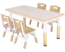 Kindertafel Valora en 4 Stoelenset - Voor Peuters en Kleuters - In Hoogte Verstelbaar - Multifunctioneel voor Studie, Schrijven & Spelen - Duurzaam Kunststof - Geel - 120x60cm