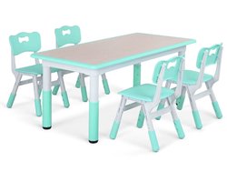 Kindertafel Zyrell en 4 Stoelenset - Voor Peuters en Jonge Kinderen - Verstelbare Tafelset voor Spelen, Studeren & Tekenen - Duurzaam Kunststof in Neutrale Kleuren - Groen - 120x60cm