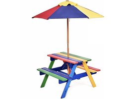Kindertuinset met parasol, 1 tafel en 2 banken, meerkleurig, massief hout, voor tuin, balkon, camping