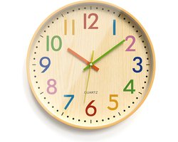 Kinderwandklok 30 cm geruisloos kwarts zonder tikkende geluiden, houtnerf wandklok met kleurrijke cijfers, leren klok voor kinderen, moderne creatieve keukenklok geschikt voor kinderkamer, meisjes en jongens