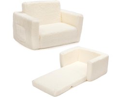 Kinderzetel 2-in-1 uitklapbed sherpa-peuterbank-ligstoel peuterfauteuil kinderdag-verjaardagscadeau meisjes-jongens crème Kinderzetel