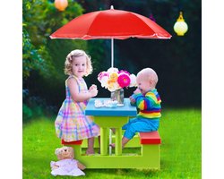 Kinderzitgroep picknickset zitgroep kindermeubels tuinmeubelen gemaakt van PP-materiaal voor kinderen incl. parasol, 2 banken en tafel, rood blauw en groen
