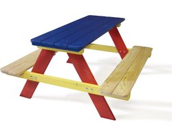 Kinderzitje Houten Bankje - Picknick Tafel - Buiten Spelen - Voor Vier Kinderen - L90 x B85 cm - Multicolor