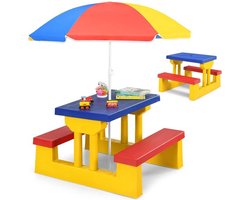 Kinderzitset met parasol, tuinmeubelen voor kinderen, kinderzitset, kindermeubelset tuin, kinderbank buiten (blauw + rood + geel)