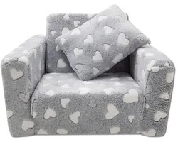 Kindvriendelijke opvouwbare pluchen kinderstoel met zitting en ligfunctie – comfortabel kids relaxfauteuil, grijze harten