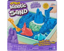 Kinetic Sand - Zandbak-set met 454 g blauw origineel Kinetic Sand - opbergzandbak 4 vormen en gereedschap - Sensorisch speelgoed