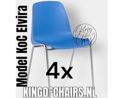 King of Chairs -set van 4- model KoC Elvira azuurblauw met verchroomd onderstel. Kantinestoel stapelstoel kuipstoel vergaderstoel tuinstoel kantine stoel stapel kantinestoelen stapelstoelen kuipstoelen stapelbare keukenstoel Helene eetkamerstoel